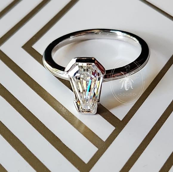 Cert. 2ct Coffin Cut Moissanite Diamond Solitaire S925 Ring Ready to Ship U.S.A. - Picture 4 of 10